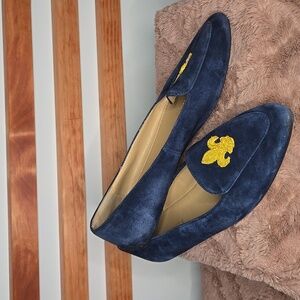Talbots‎ Navy Suede Loafers Gold Fleur-De-Lis Embroidered Flats